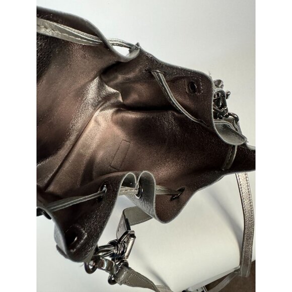 Neiman Marcus Gray Leather Look Drawstring Crossbody Bag Adjustable Strap - Picture 16 of 16